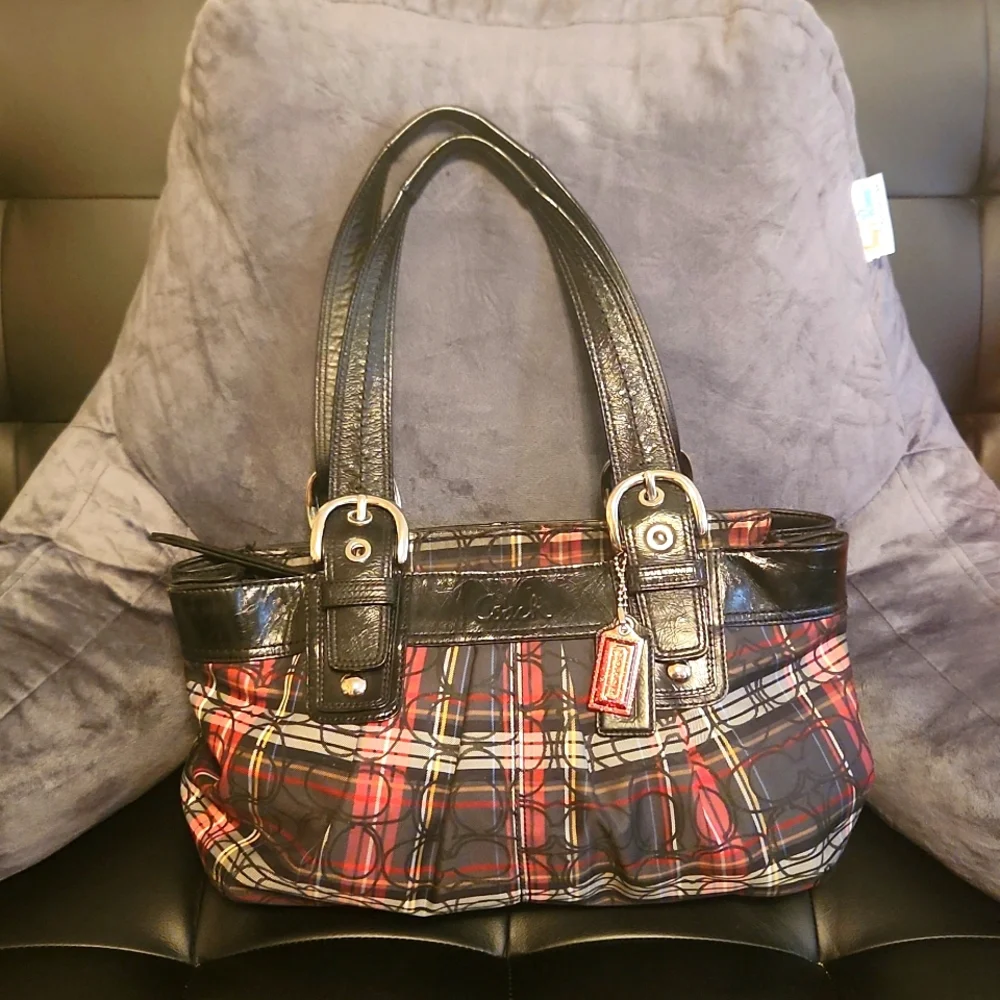 Coach Poppy Signature Tartan Plaid Red, Black & Green Shoulder HandBag - Picture 1 of 6